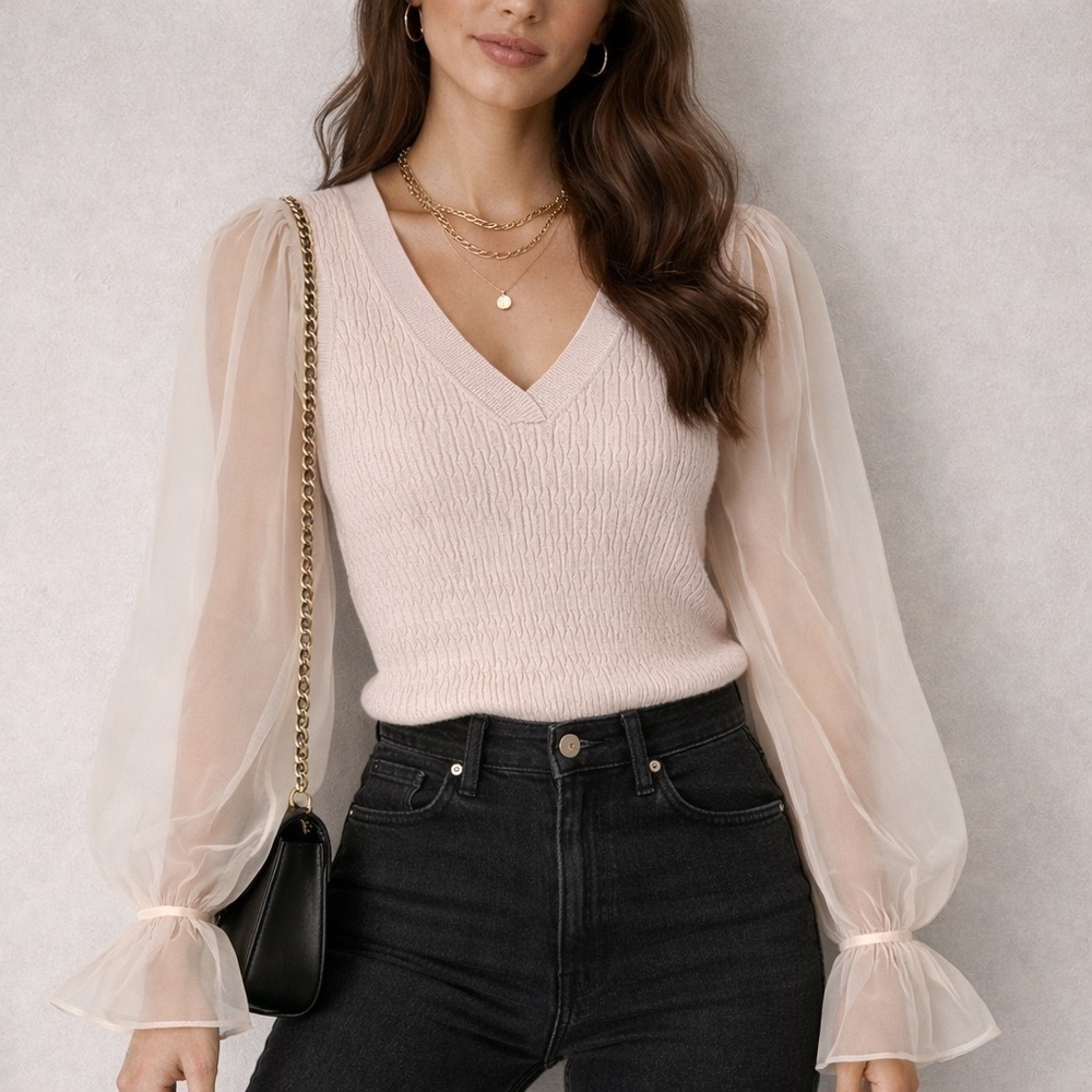 Maeve by Anthropologie Sheer Sleeve Sweater | Cream/Light Beige | Size Small